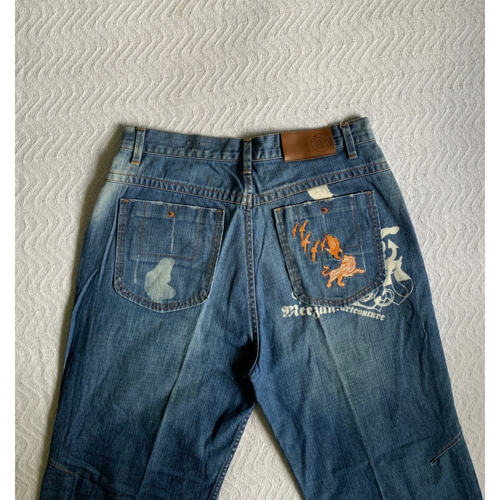 Y2K VTG Megan couture‎ embroidered distressed jean baggy Skater streetwear Sz 34
